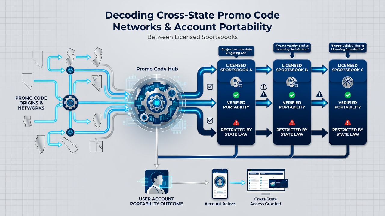 Map-style graphic showing promo code pathways and account transfer flows between sportsbooks and casino platforms in different states