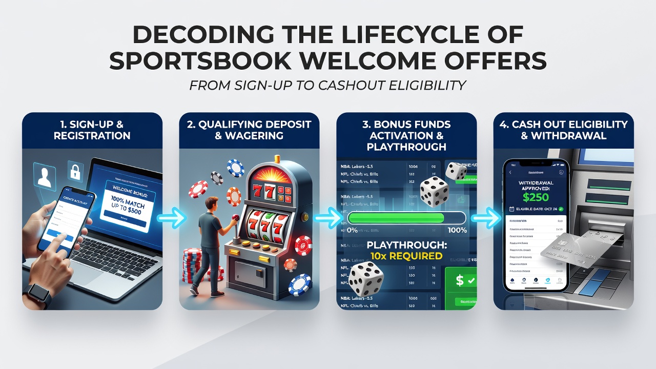 Illustration showing the stages of a sportsbook welcome offer lifecycle from sign-up to cashout eligibility