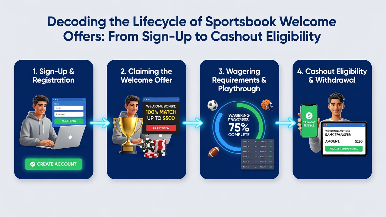 Diagram mapping wagering requirements and cashout eligibility stages for sportsbook welcome offers