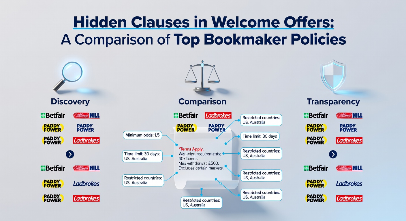 Comparison chart of bookmaker welcome offer terms, with highlighted wagering requirements and exclusions