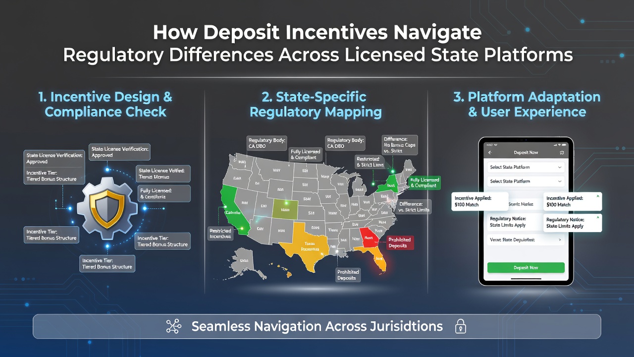 Overview of deposit incentive structures on state-licensed betting platforms with regulatory icons