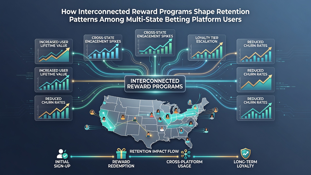 Graph illustrating retention rates for users in linked versus standalone reward programs across U.S. states from 2024 to 2026