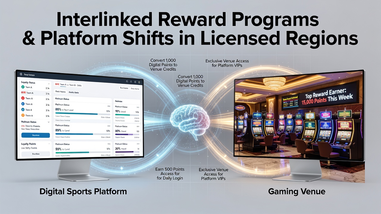 Visual representation of interconnected reward systems linking sports platforms and gaming venues across licensed regions