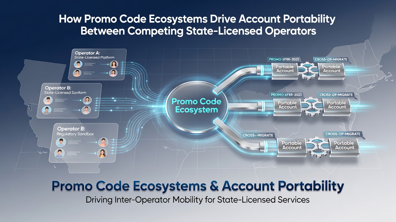 Illustration of promo code networks connecting multiple state-licensed betting platforms and user account flows