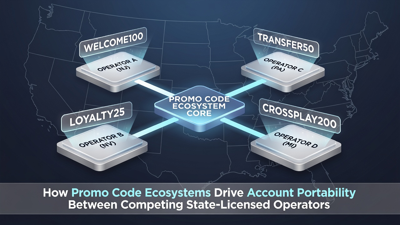 Diagram showing API connections and data flows between competing state-licensed operators via promo code networks