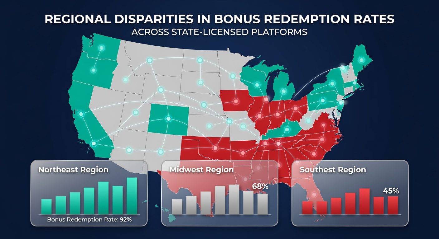 Map showing varying bonus redemption patterns across different U.S. states with licensed gambling platforms
