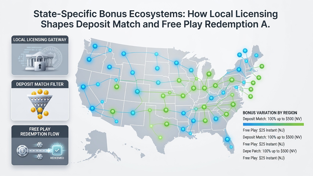 Diagram showing redemption flows for free play credits under different state licenses