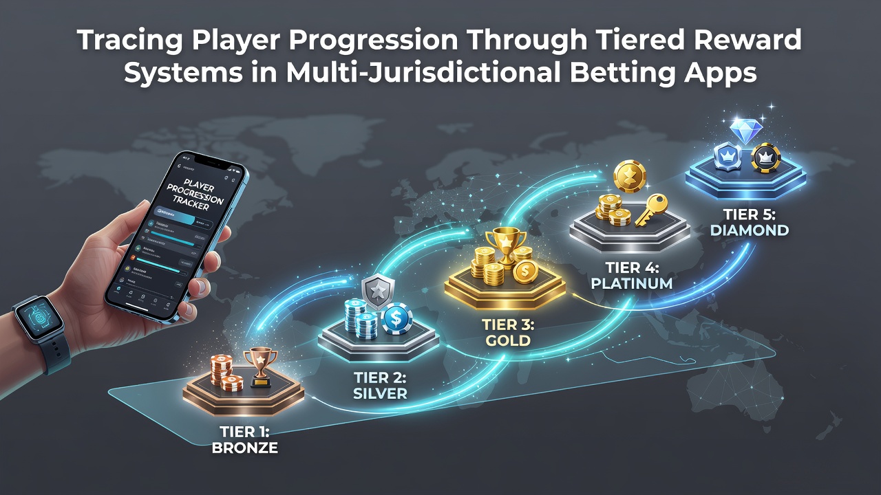 Diagram showing player progression through tiered reward levels in a betting app interface with progress bars and badges