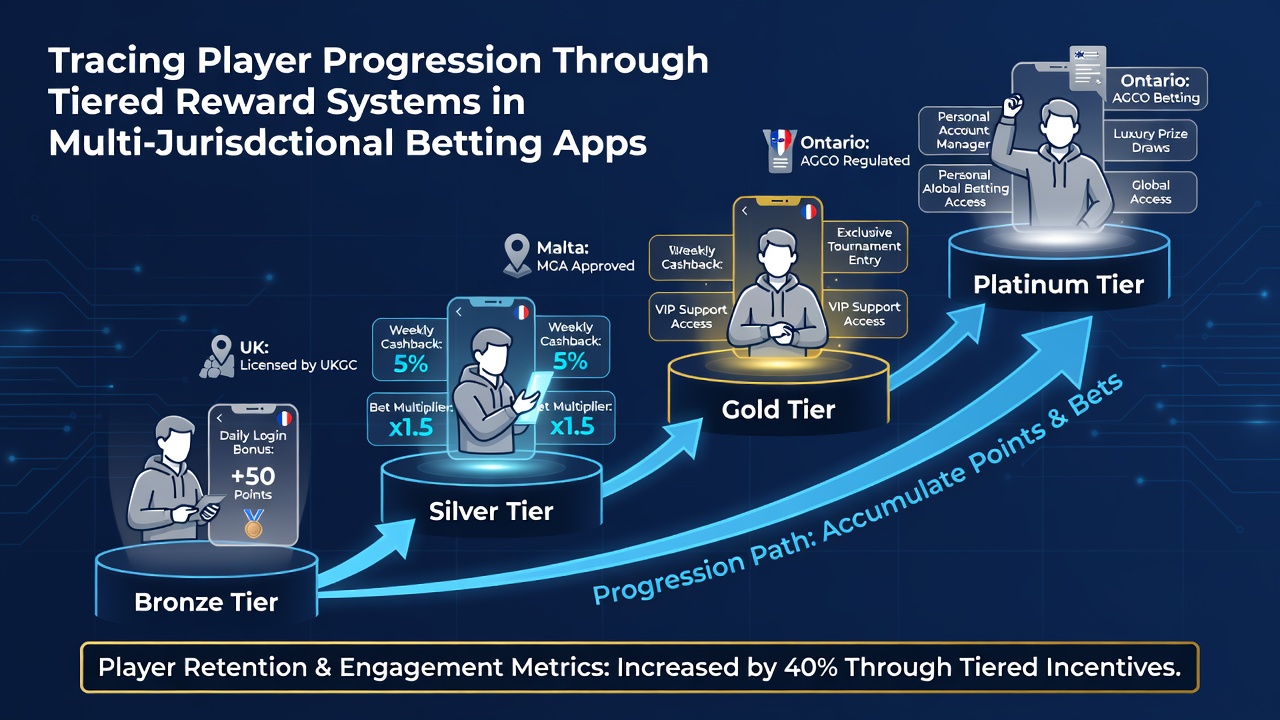 Screenshot of a multi-jurisdictional betting app showing tier progress tracking across different regions with compliance indicators